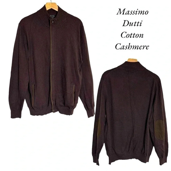 Massimo‎ Dutti XL brown cotton cashmere full zip sweater jacket w/elbow patches - Picture 1 of 7